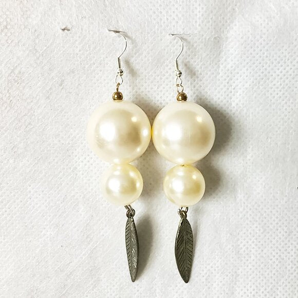 Handmade Pearl and Feather Charm Earrings