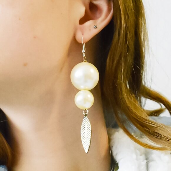 Handmade Pearl and Feather Charm Earrings