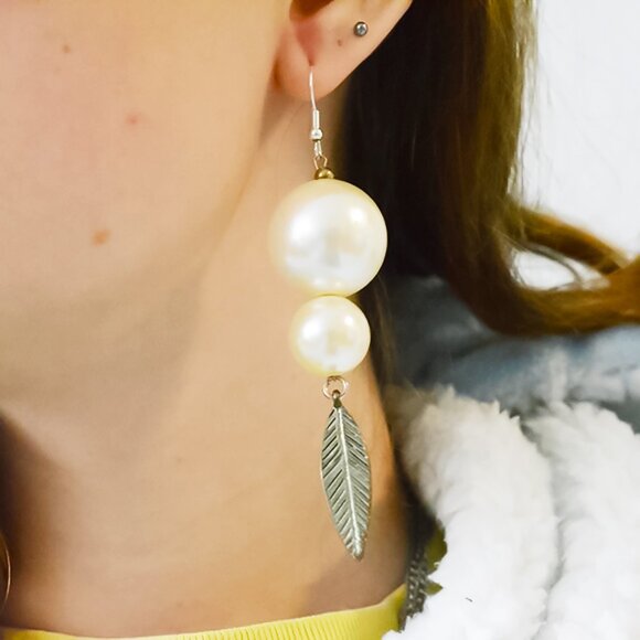 Handmade Pearl and Feather Charm Earrings