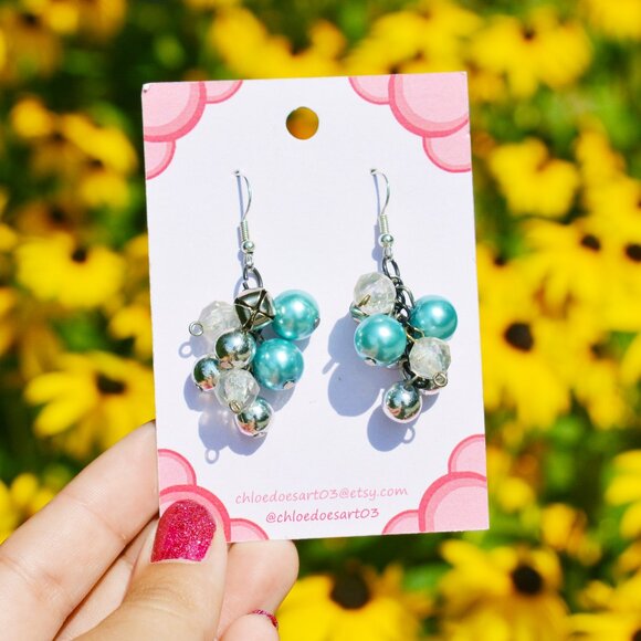 Handmade Blue and Silver Bell Cluster Dangle Earrings