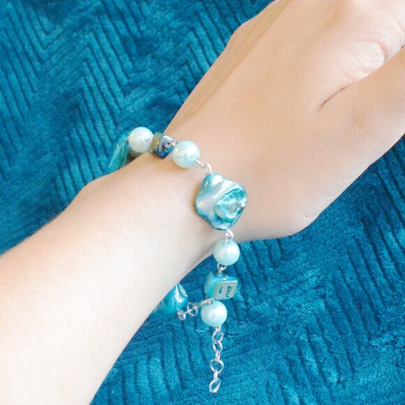 Handmade Beaded Mother of Pearl Bracelet with Coastal Ocean Aesthetic