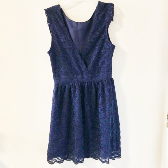 Dark Blue Flared Lace V-Neck Dress
