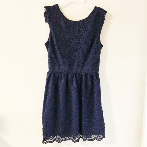 Dark Blue Flared Lace V-Neck Dress