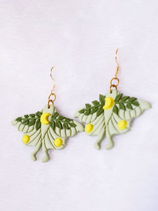 Green Moth Statement Earrings  Lightweight Nature-Inspired Jewelry