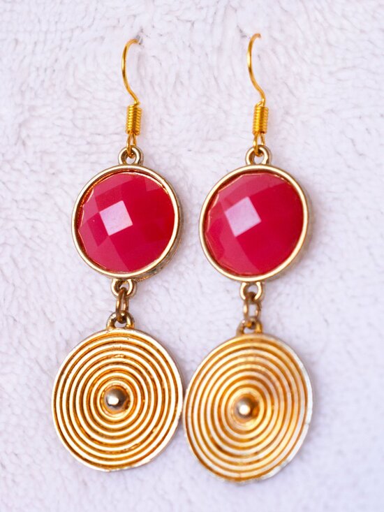 Handmade Hot Pink and Gold Spiral Dangle Earrings Statement Jewelry