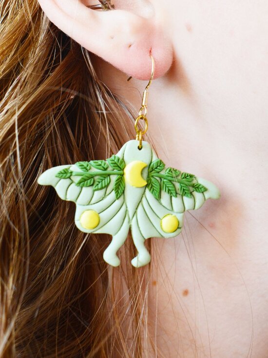 Green Moth Statement Earrings  Lightweight Nature-Inspired Jewelry