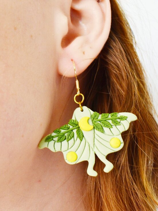 Green Moth Statement Earrings  Lightweight Nature-Inspired Jewelry