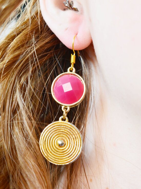 Handmade Hot Pink and Gold Spiral Dangle Earrings Statement Jewelry