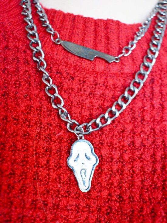 Ghostface Scream Layered Chain Necklace Goth Horror Jewelry