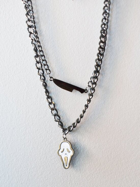 Ghostface Scream Layered Chain Necklace Goth Horror Jewelry