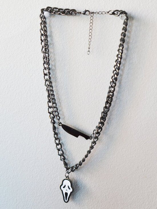 Ghostface Scream Layered Chain Necklace Goth Horror Jewelry