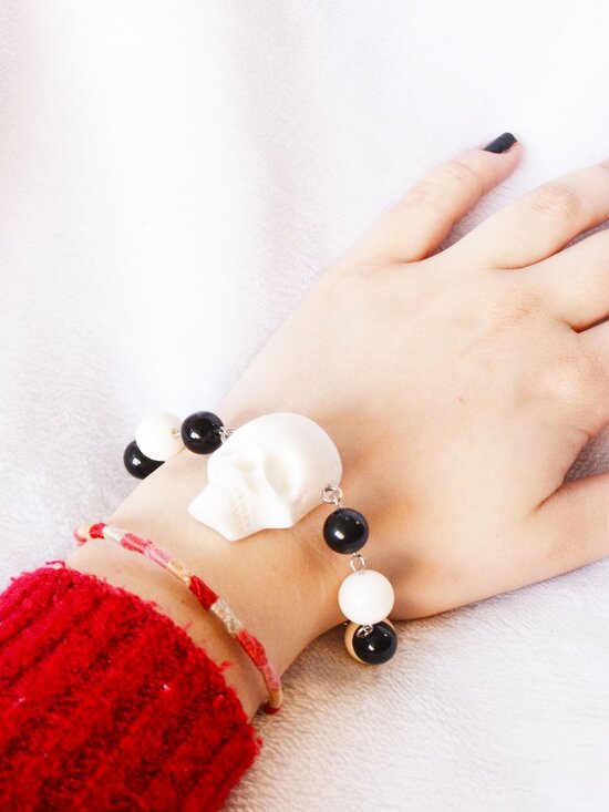 Handmade Skull Beaded Bracelet Upcycled Goth Jewelry