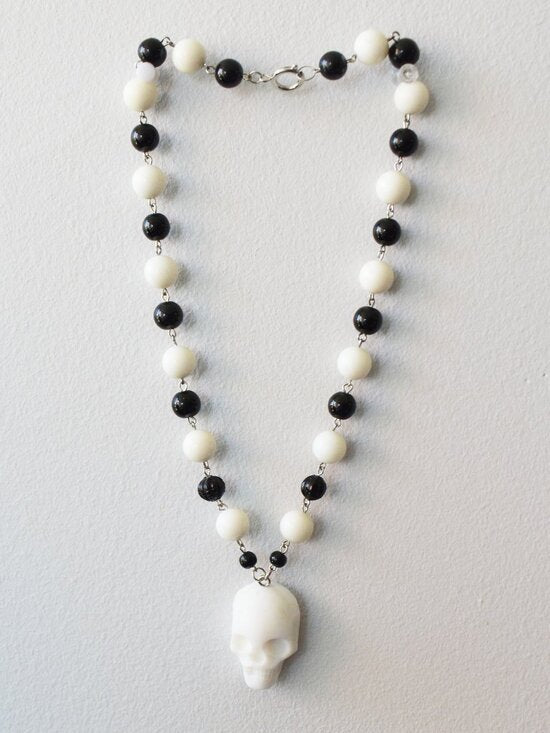 Handmade Skull Beaded Necklace Upcycled Goth Jewelry