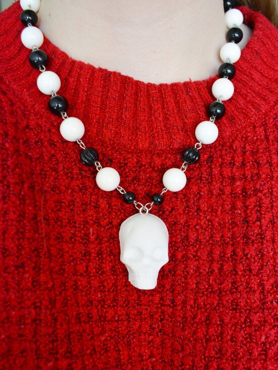 Handmade Skull Beaded Necklace Upcycled Goth Jewelry
