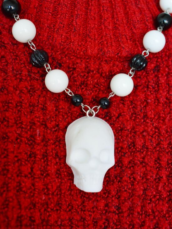 Handmade Skull Beaded Necklace Upcycled Goth Jewelry