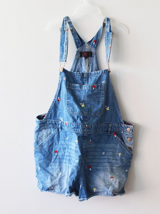 NO BO No Boundaries Embroidered Mushroom Ovrall Shorts
