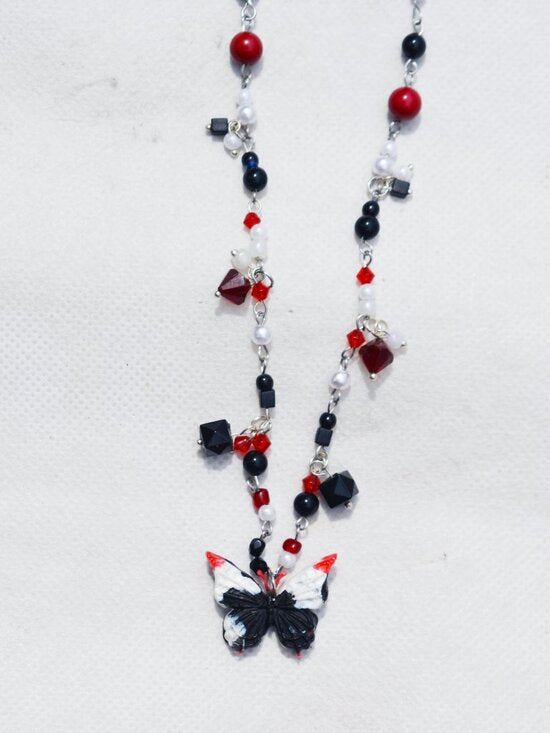 Recycled Red and Black Butterfly Pendant Necklace