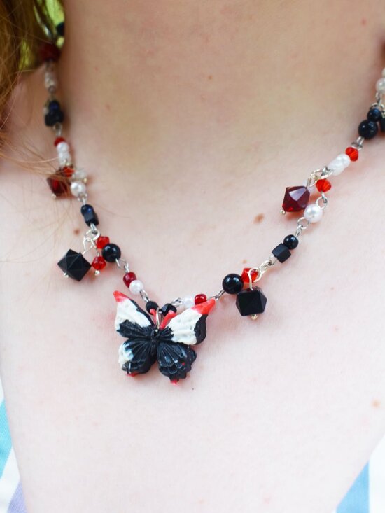 Recycled Red and Black Butterfly Pendant Necklace