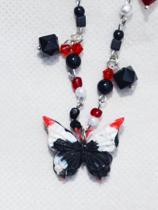 Recycled Red and Black Butterfly Pendant Necklace