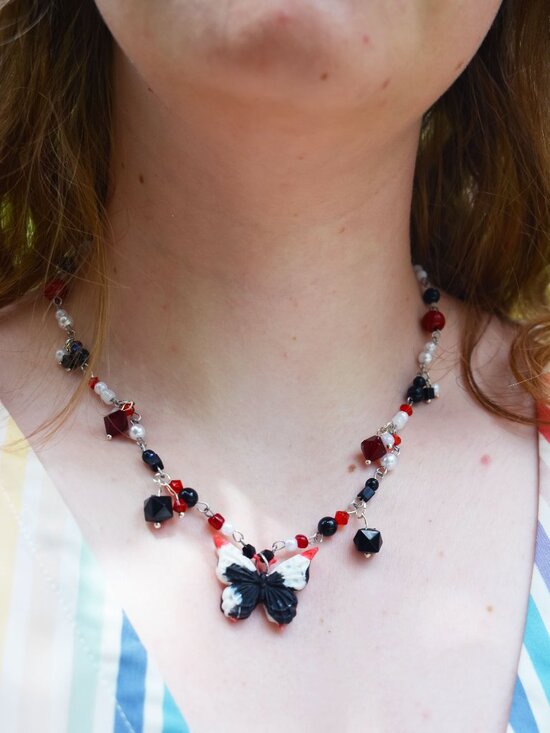 Recycled Red and Black Butterfly Pendant Necklace