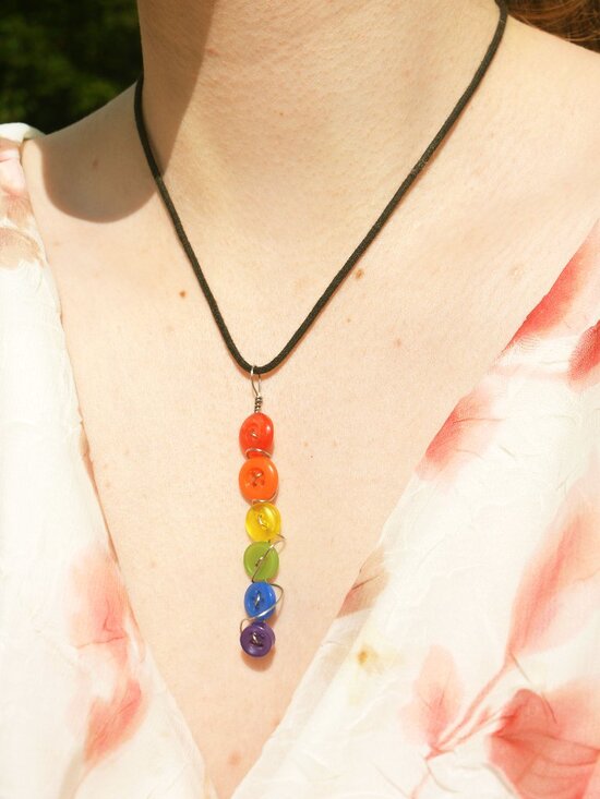 Handmade Button Rainbow Pride Drop Necklace