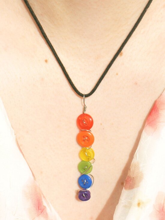 Handmade Button Rainbow Pride Drop Necklace