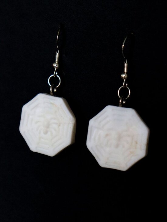 White Recycled Plastic Halloween Spider Web Dangle Earrings