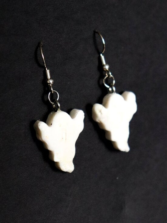 White Recycled Plastic Halloween Silly Ghost Dangle Earrings