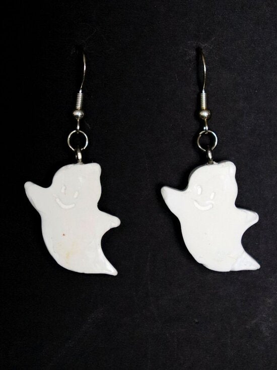 White Recycled Plastic Halloween Friendly Ghost Dangle Earrings