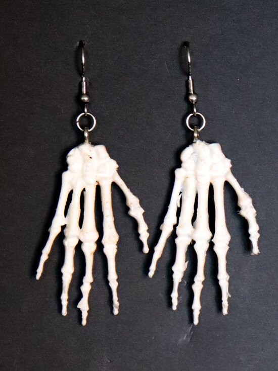 White Recycled Plastic Halloween Spooky Skeleton Hand Earrings