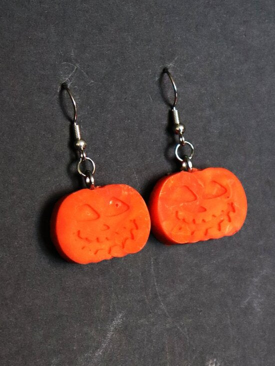 Orange Recycled Plastic Halloween Spooky Pumpkin Dangle Earrings