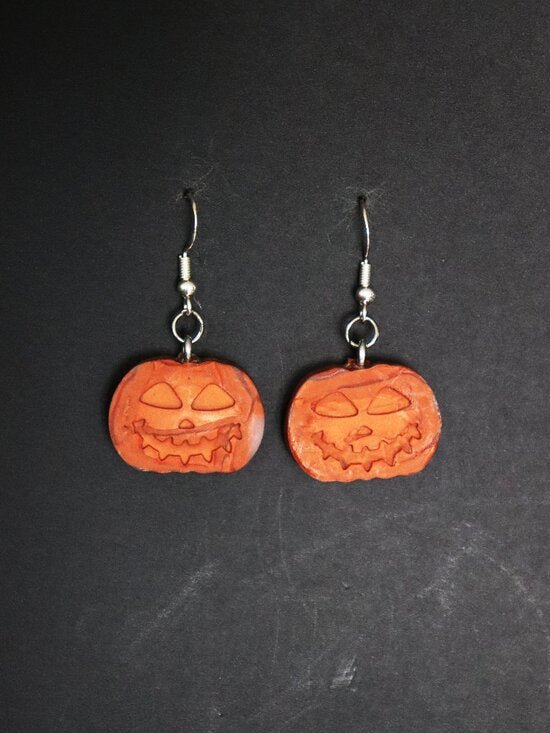 Burnt Orange Recycled Plastic Halloween Spooky Pumpkin Dangle Earrings