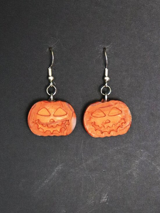 Burnt Orange Recycled Plastic Halloween Spooky Pumpkin Dangle Earrings