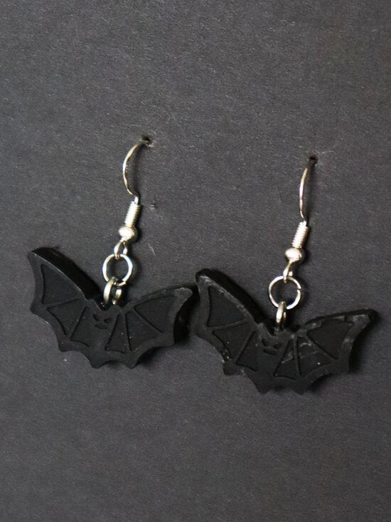 Black Recycled Plastic Halloween Bat Dangle Earrings