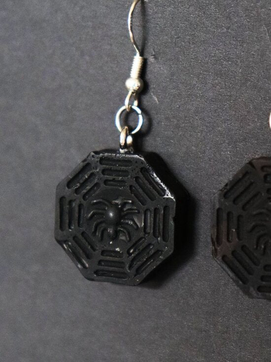 Black Recycled Plastic Halloween Spider Web Dangle Earrings