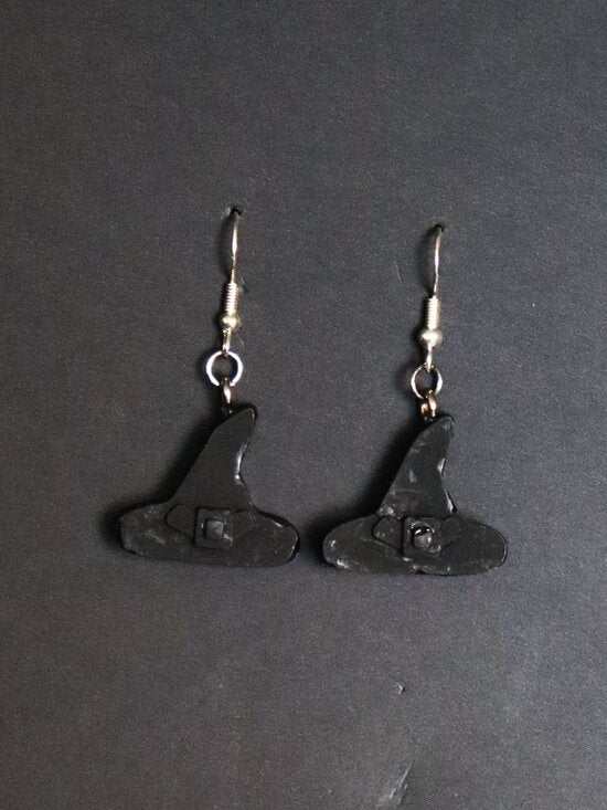 Black Recycled Plastic Halloween Witch Hat Dangle Earrings