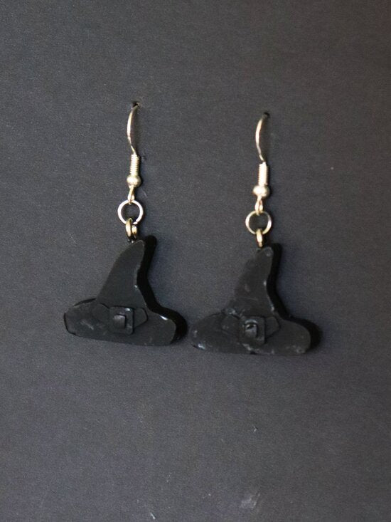 Black Recycled Plastic Halloween Witch Hat Dangle Earrings